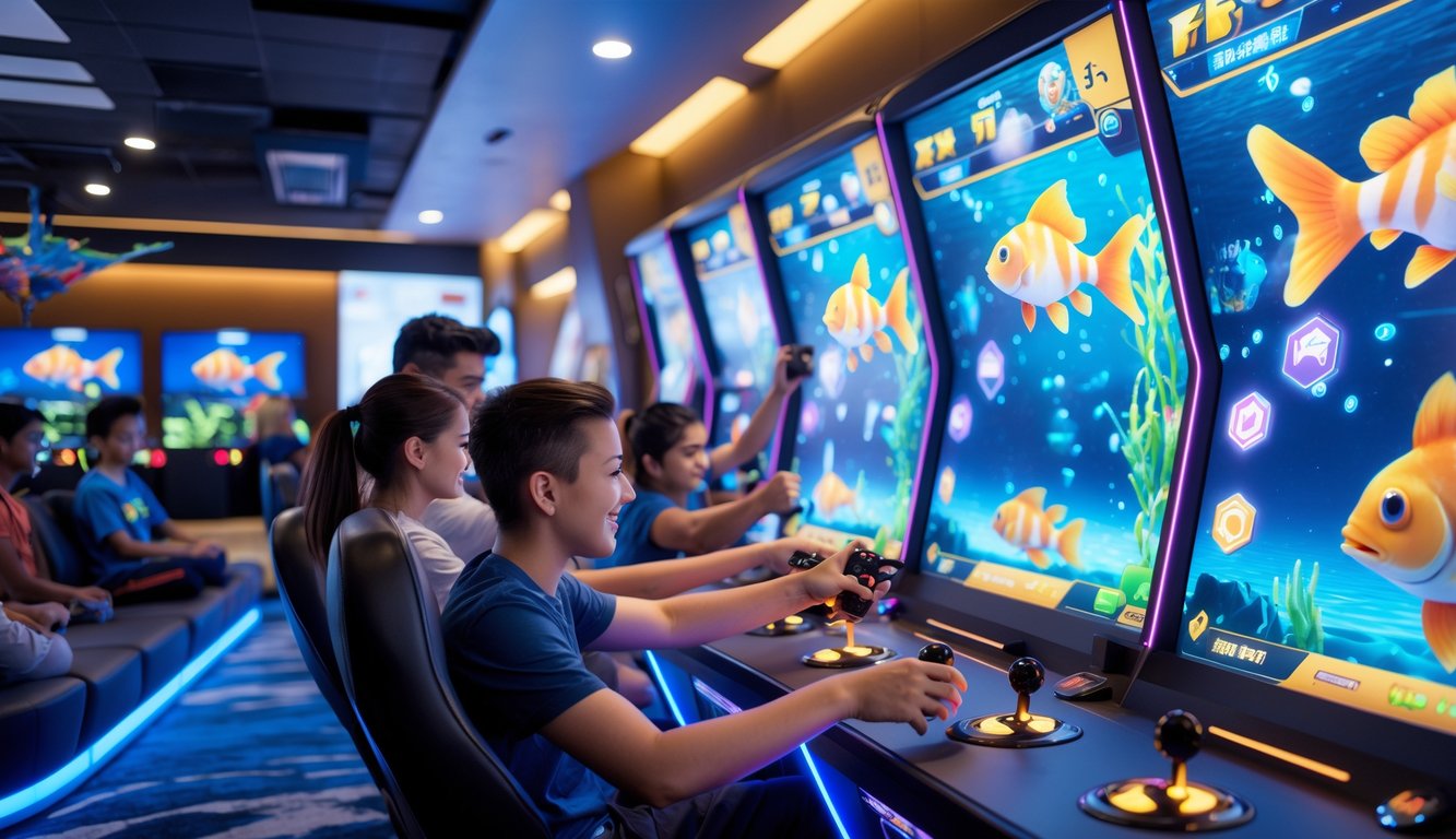 Beberapa orang sedang bermain permainan tembak ikan di ruang permainan modern dengan mesin game berwarna-warni dan layar digital besar.
