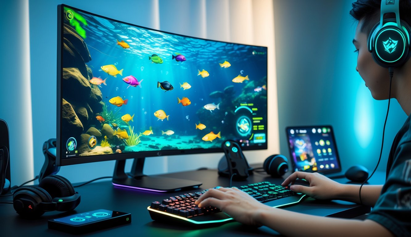 Seorang pemain sedang bermain game memancing online dengan layar komputer menampilkan ikan warna-warni di bawah air.