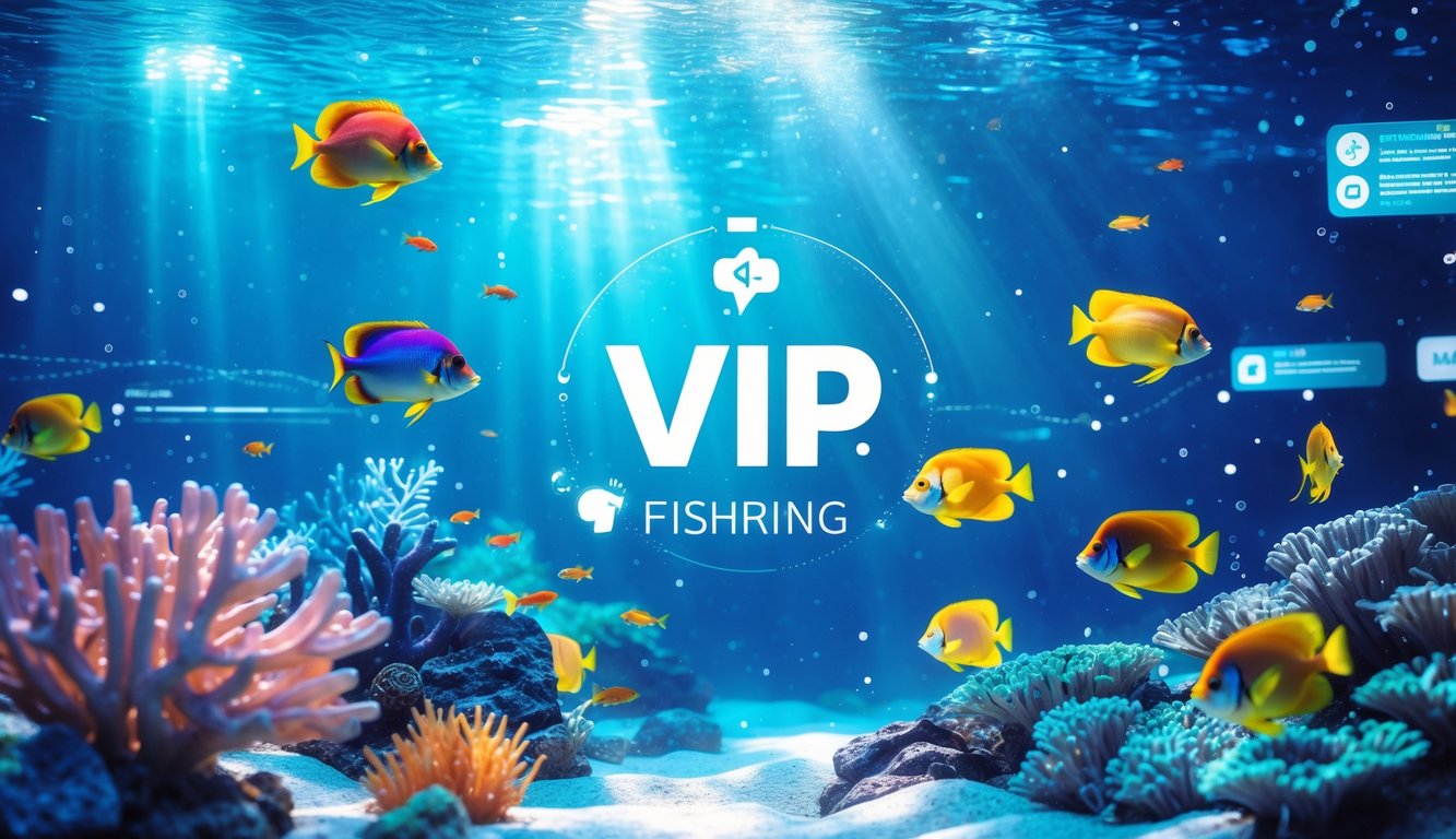 Pemandangan bawah laut dengan ikan tropis berwarna-warni berenang di sekitar terumbu karang dan cahaya matahari yang menembus air jernih.