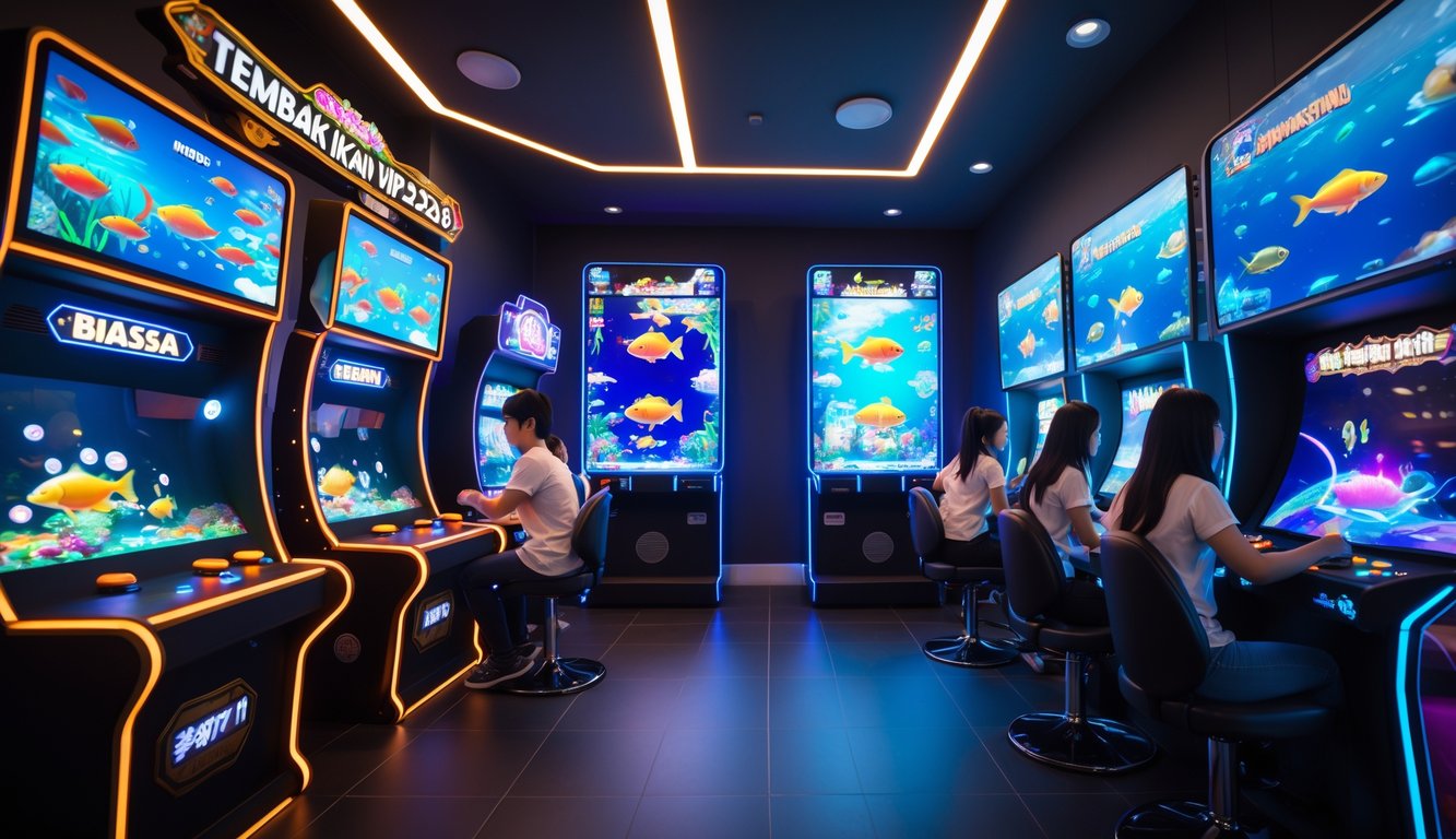 Suasana ruang permainan modern dengan dua mesin permainan tembak ikan berdampingan, satu sederhana dan satu mewah, dengan pemain yang sedang bermain.