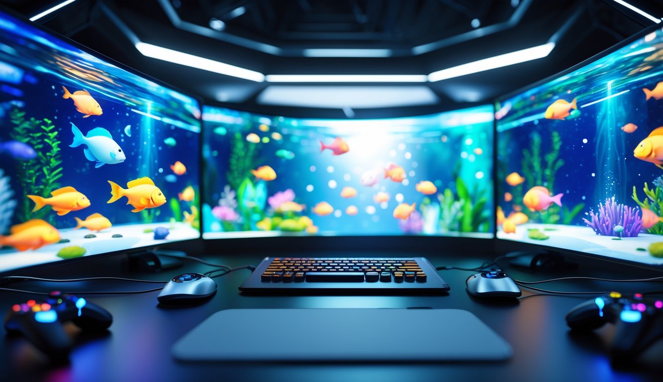 Suasana permainan ikan digital dengan layar menampilkan ikan berwarna-warni di lingkungan bawah laut yang modern dan teknologi tinggi.
