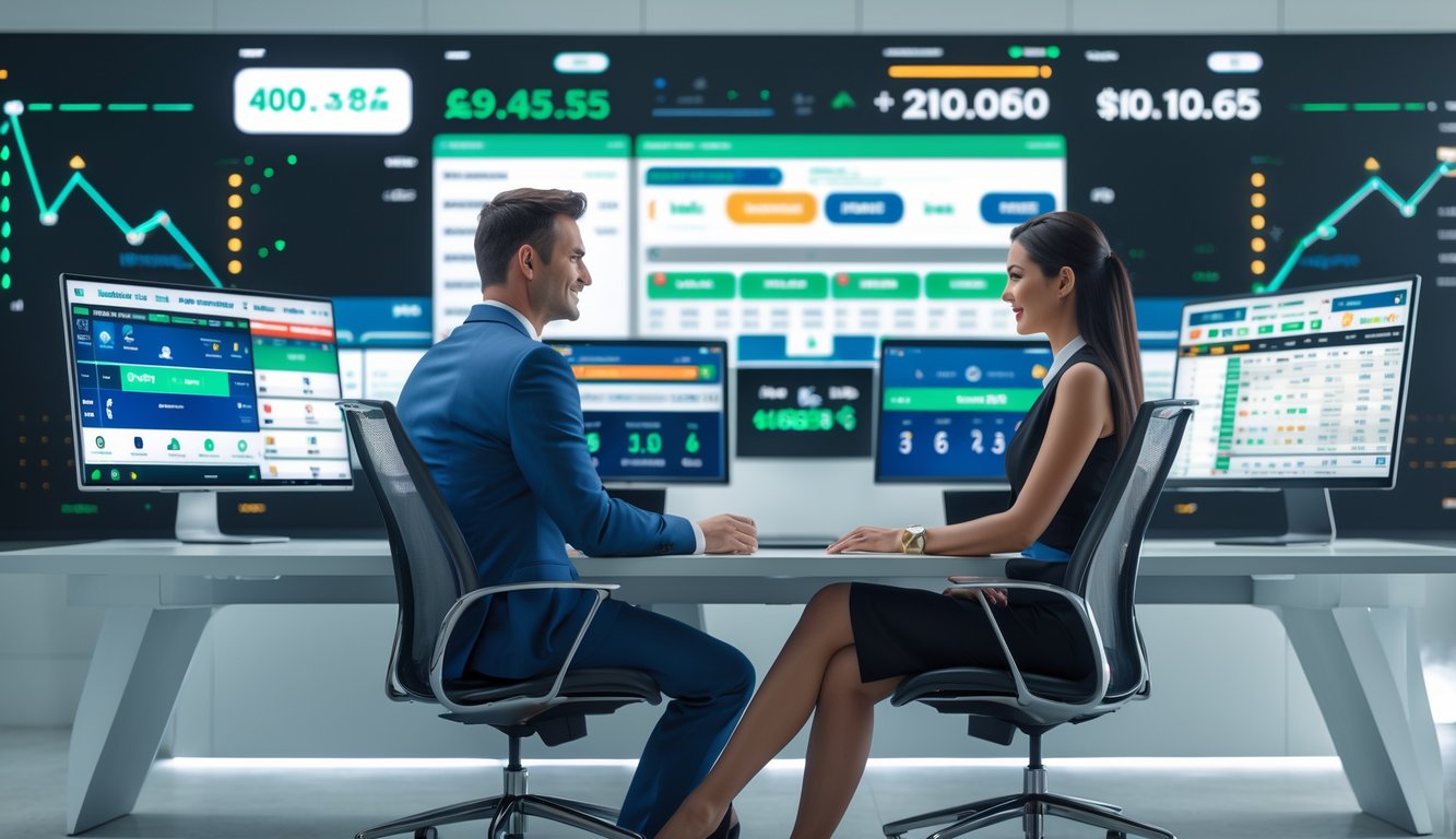 Seorang pria dan wanita duduk di meja dengan beberapa monitor menampilkan pertandingan olahraga dan peluang taruhan.