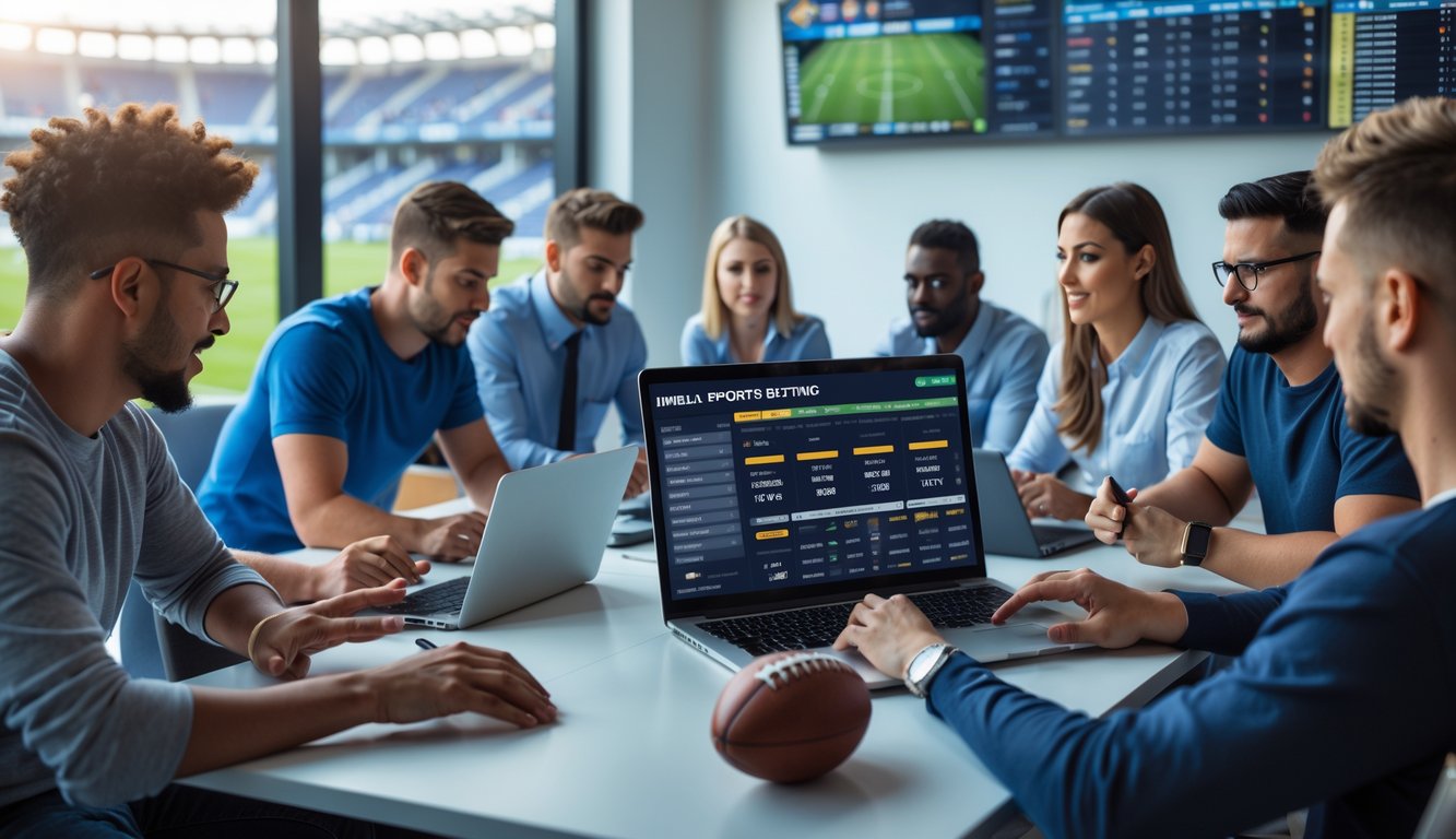 Sekelompok orang menggunakan laptop dan ponsel untuk menganalisis data taruhan bola di ruang kerja modern dengan suasana fokus dan percaya diri.