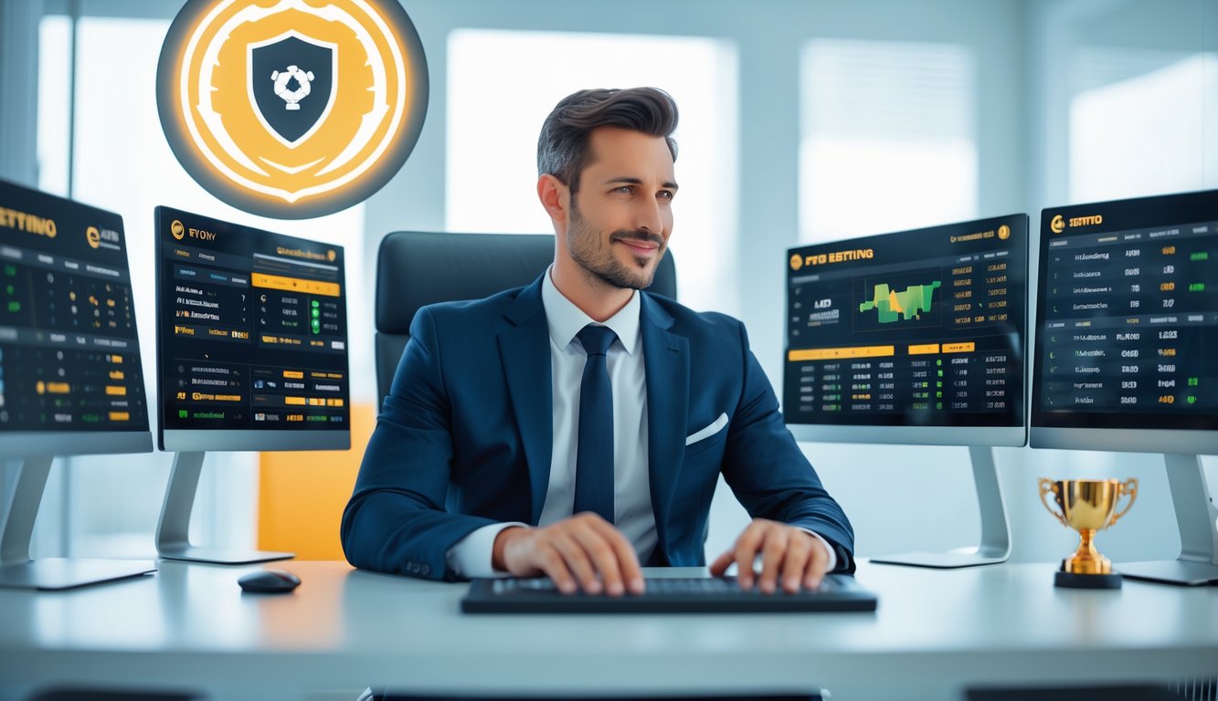 Seorang pria bisnis duduk di meja modern dengan beberapa layar digital yang menampilkan data taruhan olahraga, terlihat fokus dan percaya diri.