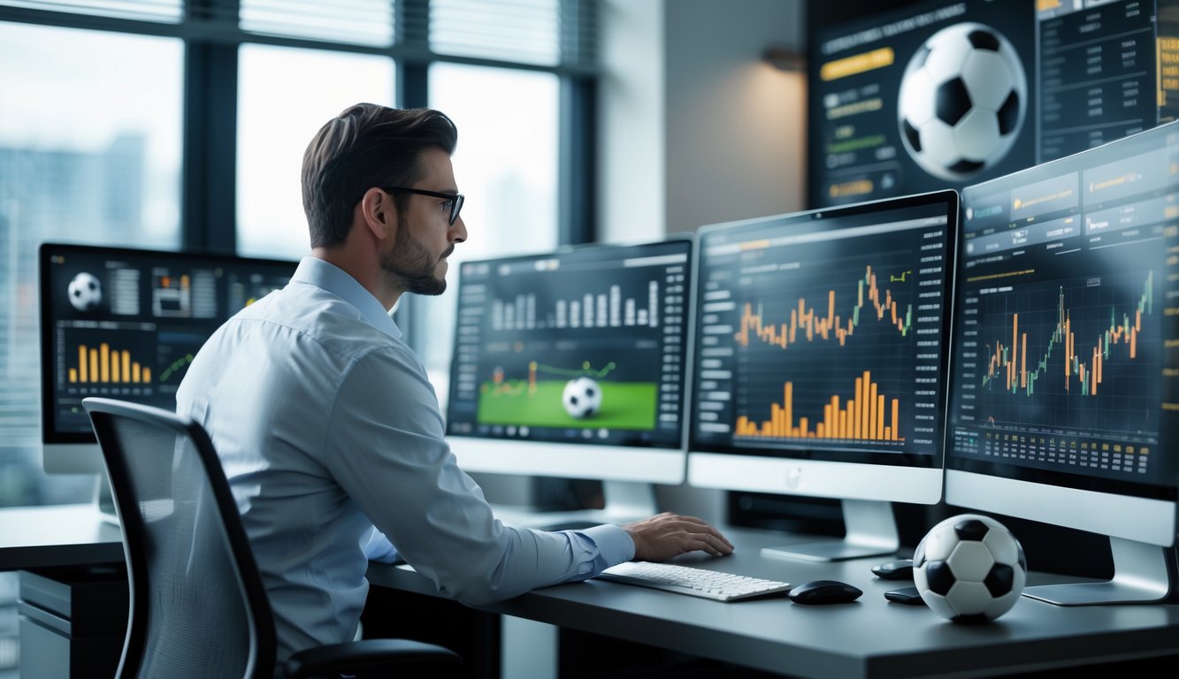 Seorang profesional di kantor modern sedang menganalisis statistik dan prediksi sepak bola di beberapa monitor komputer.