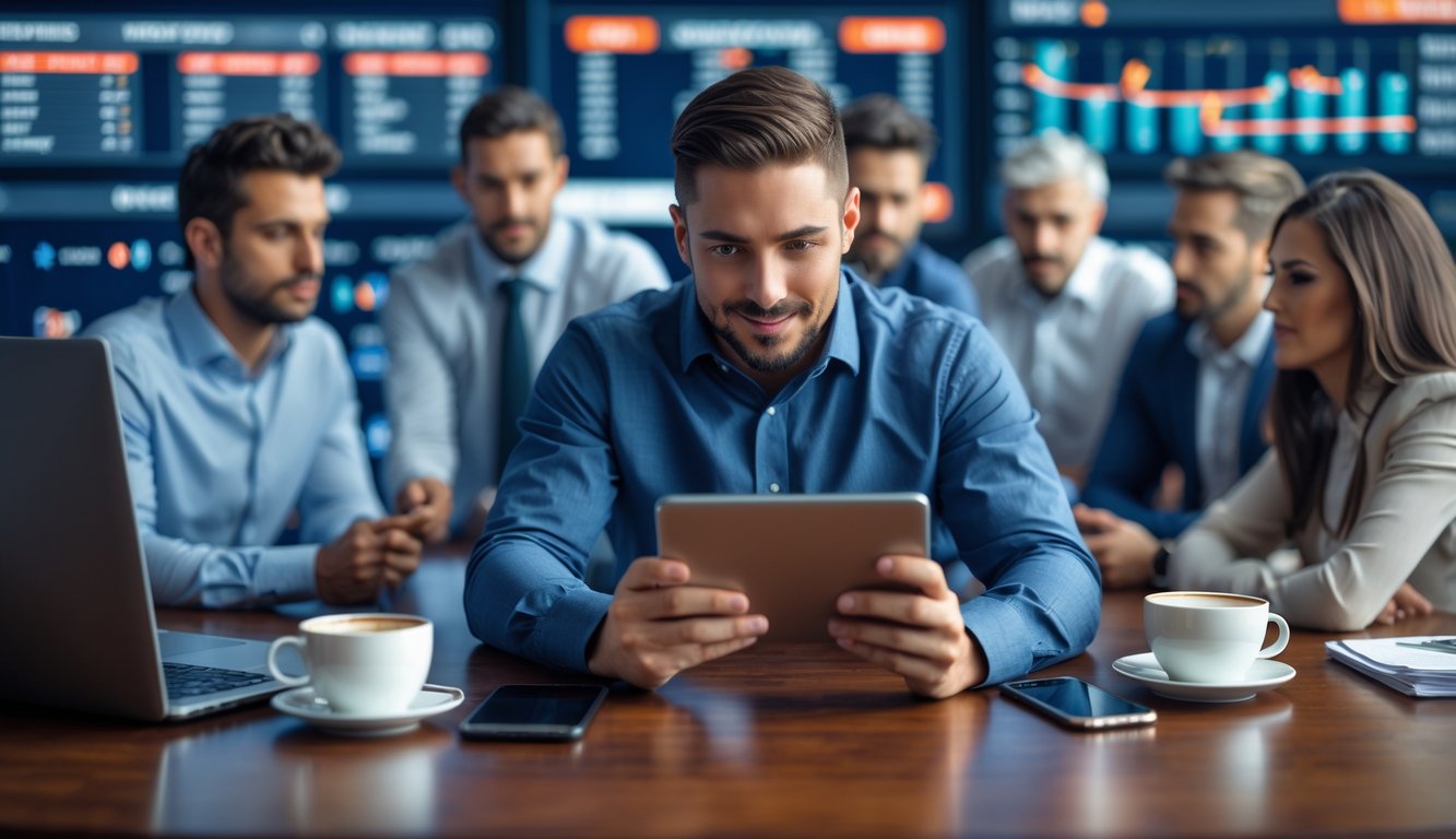 Seorang petaruh percaya diri sedang menganalisis pilihan taruhan olahraga di tablet digital di ruang modern dengan beberapa orang berdiskusi di sekitar meja.