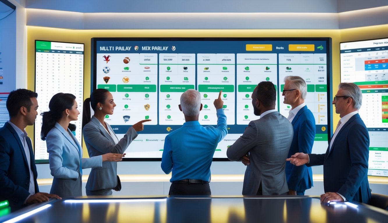 Sekelompok orang sedang berdiskusi di depan layar sentuh besar yang menampilkan ikon olahraga dan pilihan taruhan di sebuah ruangan modern.