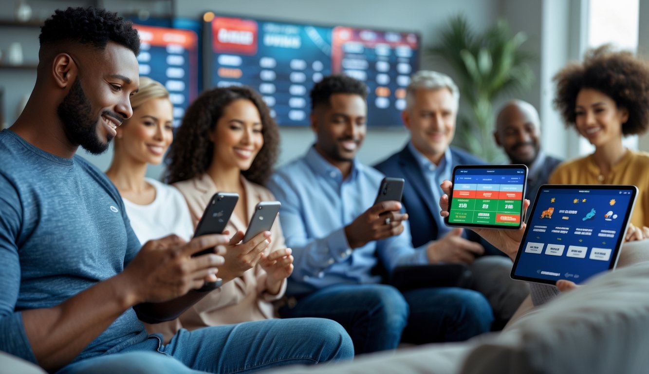 Beberapa orang menggunakan perangkat mobile untuk memasang taruhan olahraga dengan tampilan aplikasi yang mudah digunakan.