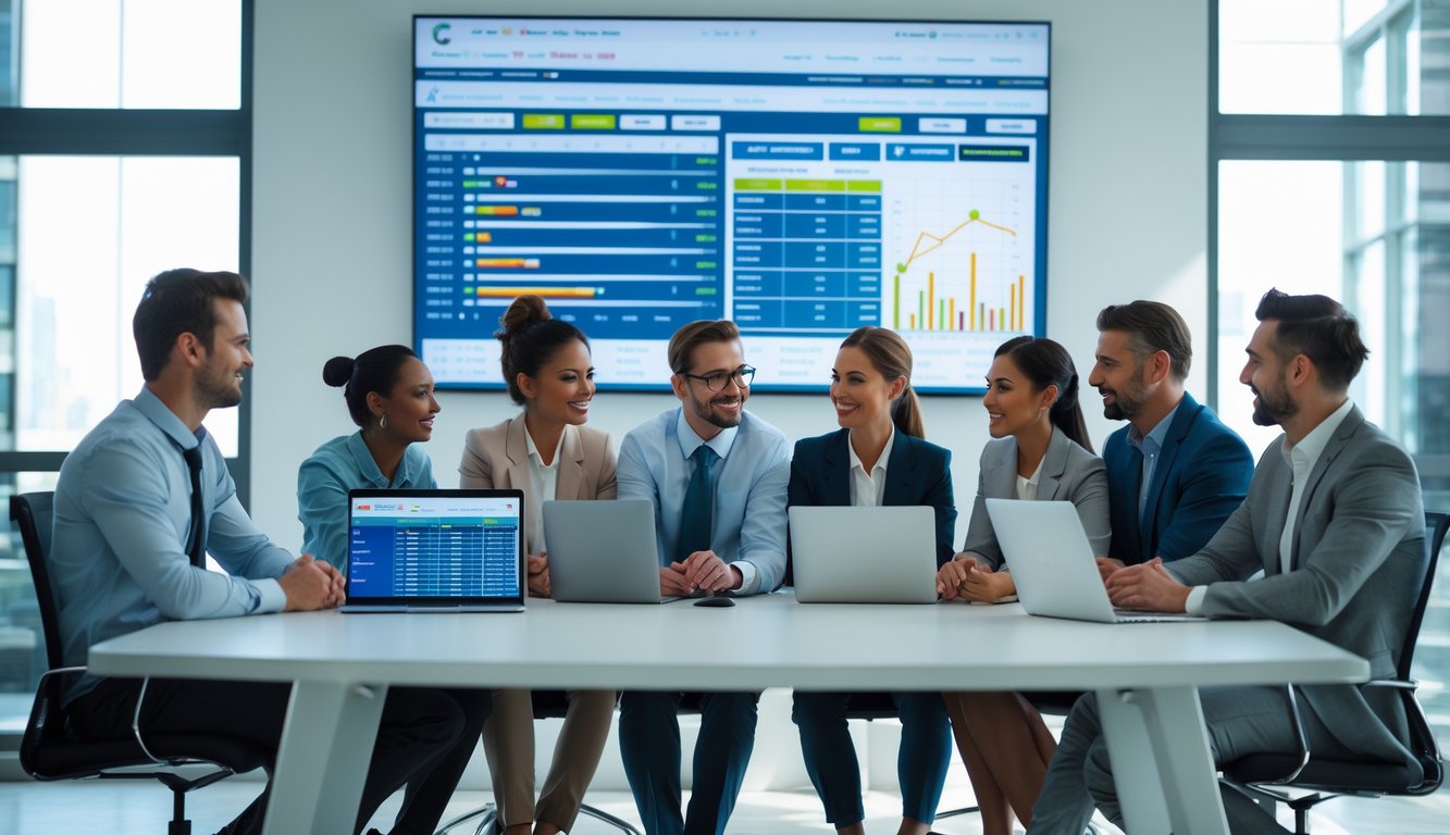 Sekelompok orang sedang berdiskusi di meja kantor dengan perangkat digital yang menampilkan data taruhan olahraga.