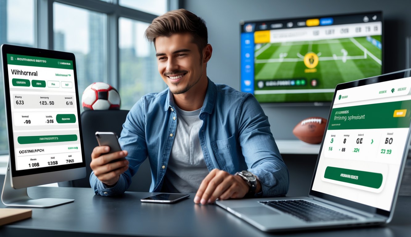 Seorang pria muda duduk di meja modern menggunakan ponsel dan laptop dengan tampilan taruhan olahraga, di ruangan kantor yang terang dan rapi.