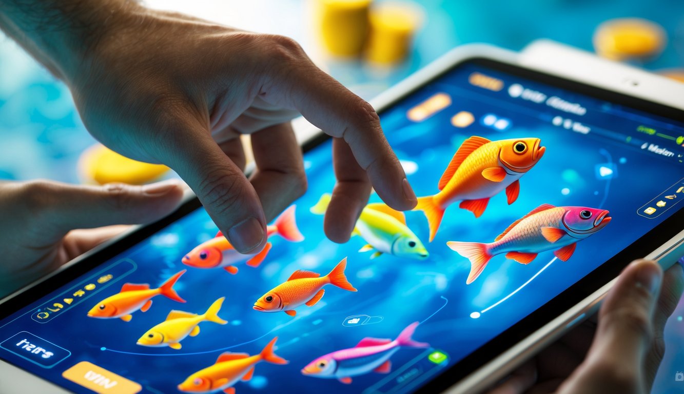 Seorang pemain menggunakan tablet untuk bermain game memancing ikan dengan latar belakang layar berwarna cerah dan ikan animasi yang bergerak.