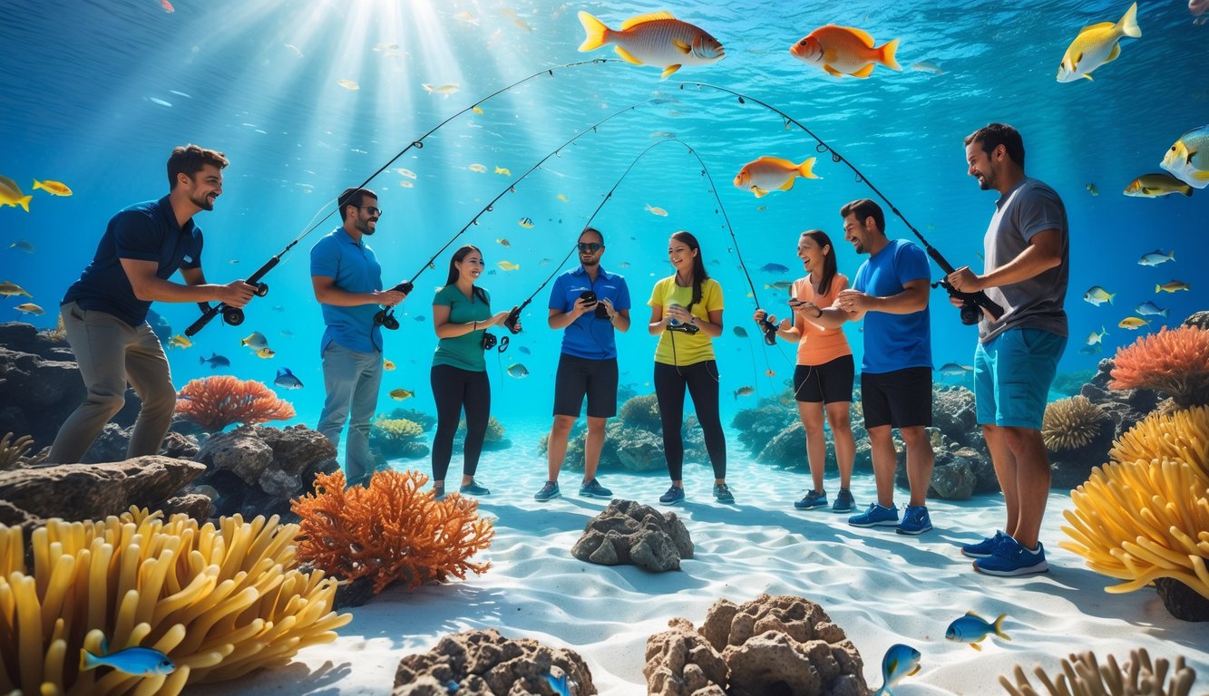 Orang-orang bermain permainan memancing ikan dengan perangkat elektronik di bawah air yang jernih dan penuh warna.