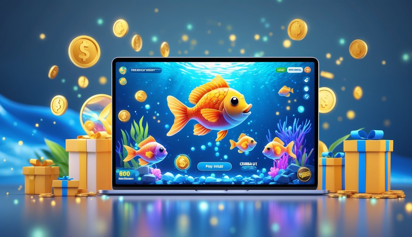 Layar perangkat menampilkan permainan tembak ikan dengan ikan berwarna-warni dan elemen bawah laut, dikelilingi oleh koin dan hadiah yang melambangkan bonus harian dan cashback.