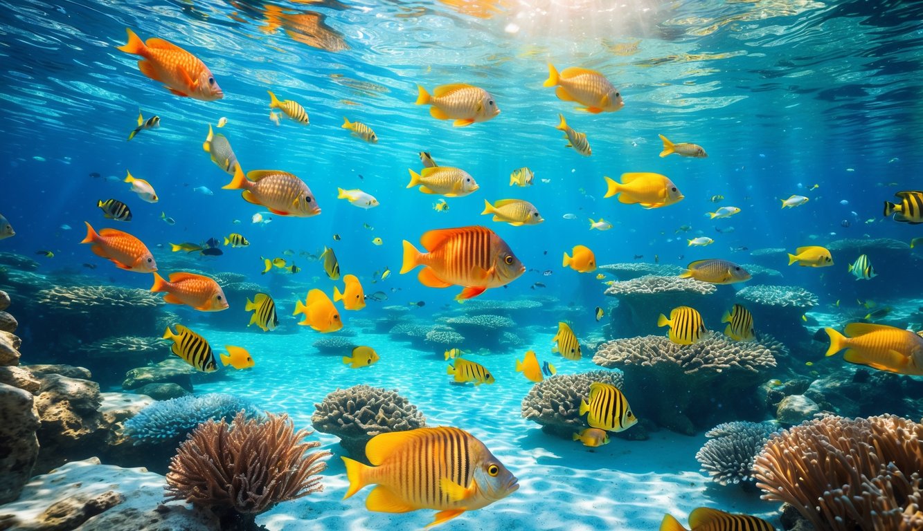 Pemandangan bawah laut dengan ikan tropis berwarna-warni berenang di sekitar terumbu karang yang jernih.