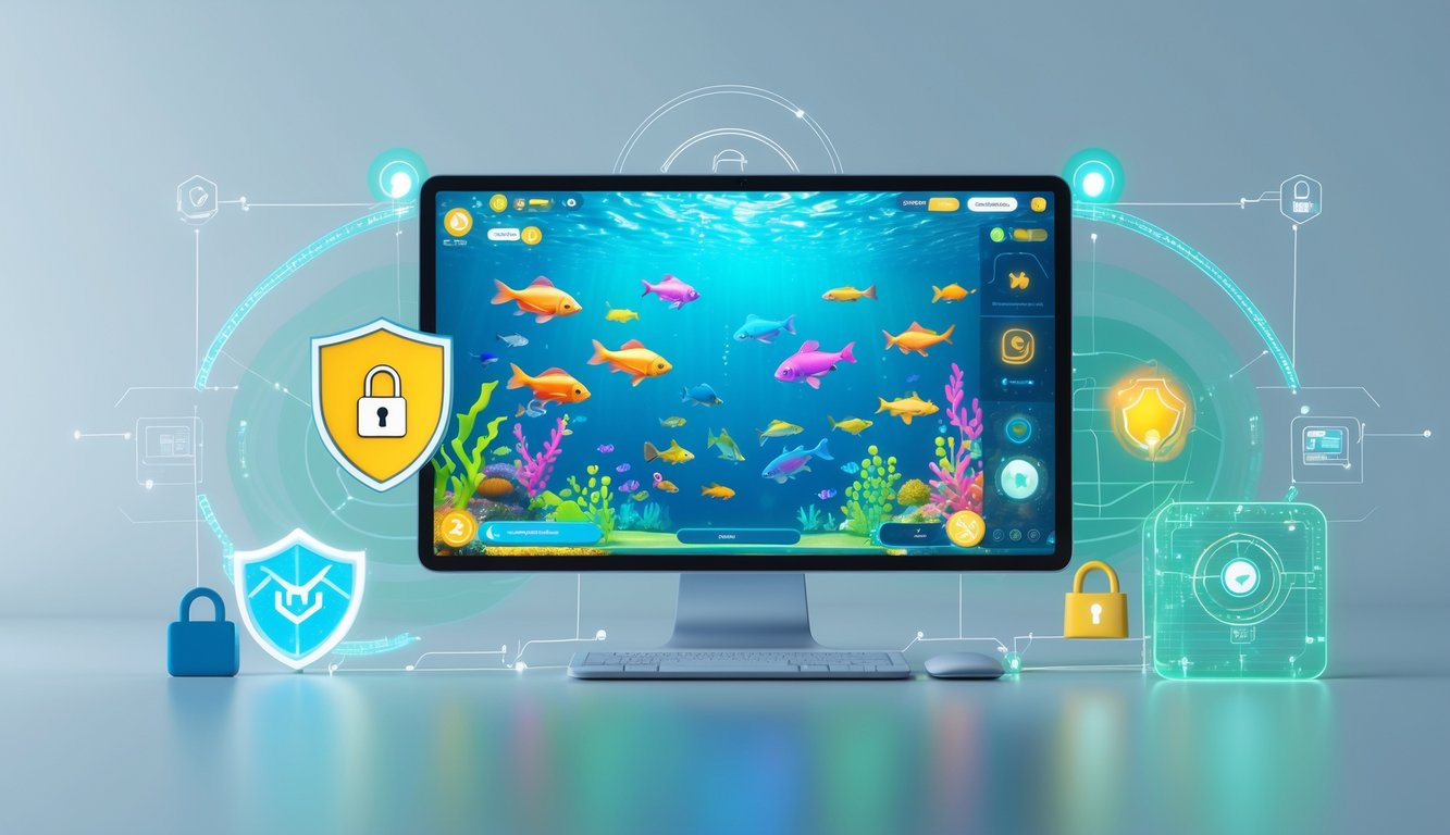 Sebuah perangkat digital menampilkan permainan menembak ikan dengan latar belakang yang bersih dan simbol keamanan di sekitarnya.