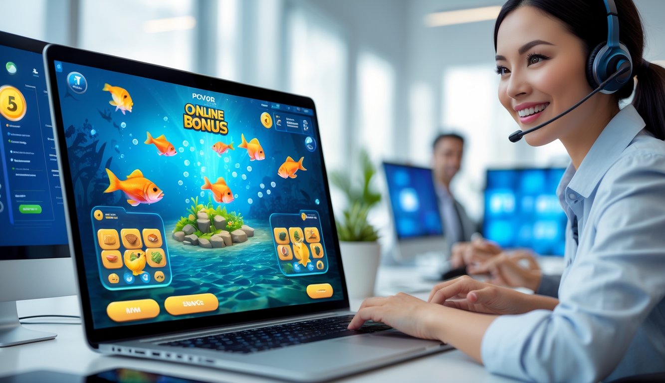 Seorang perwakilan layanan pelanggan dengan headset tersenyum di depan laptop yang menampilkan permainan ikan online berwarna-warni di ruang kantor yang terang dan modern.