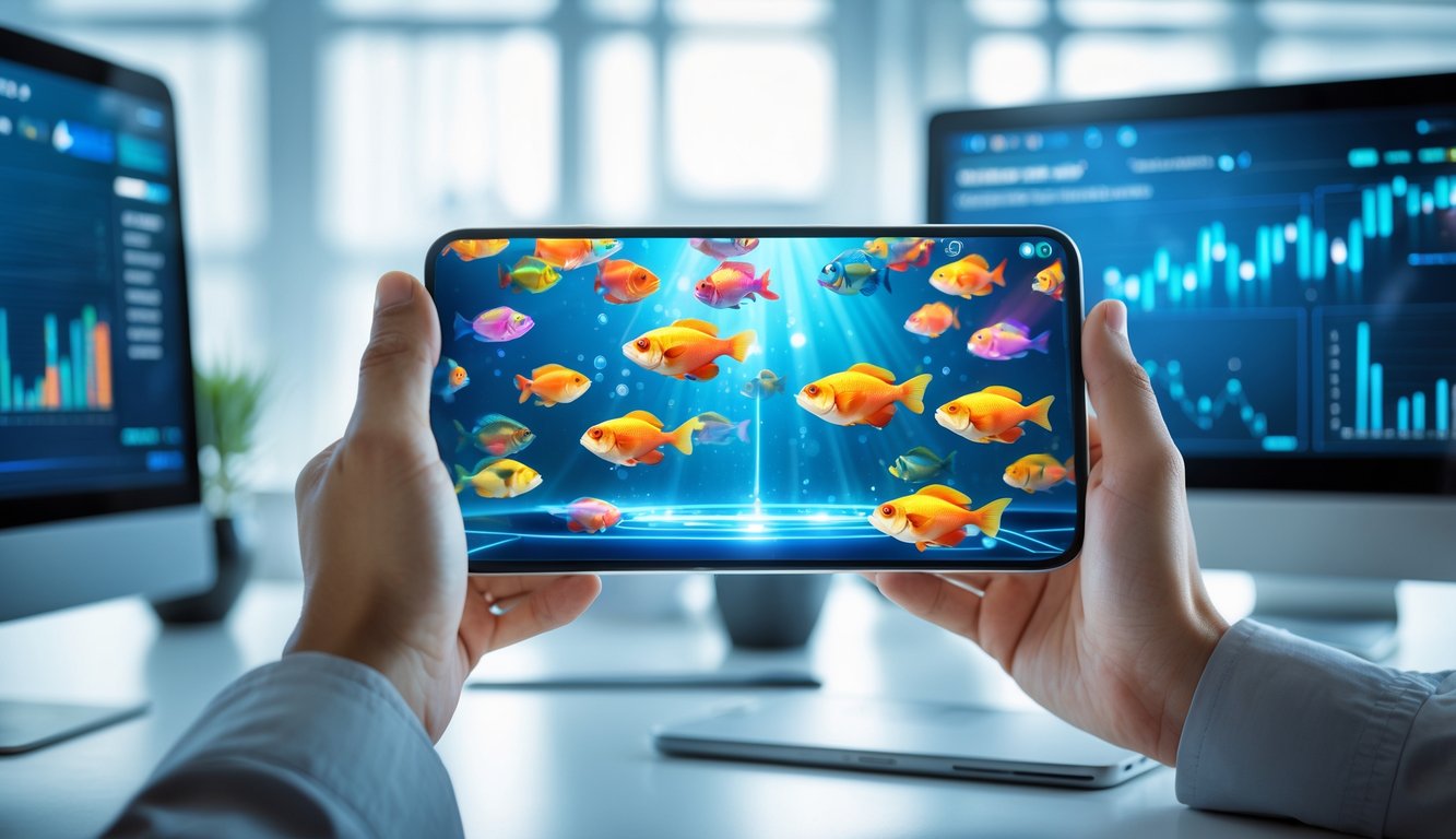 Seseorang memegang smartphone yang menampilkan permainan ikan berwarna-warni dengan latar kantor modern dan layar komputer di belakangnya.