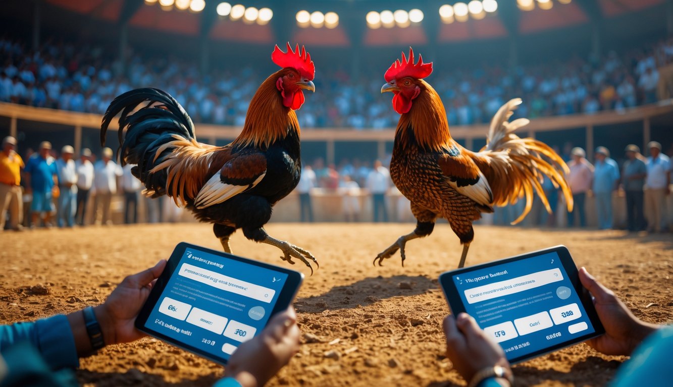 Dua ayam jantan sedang bertarung di arena dengan penonton di latar belakang, beberapa orang memegang perangkat digital.