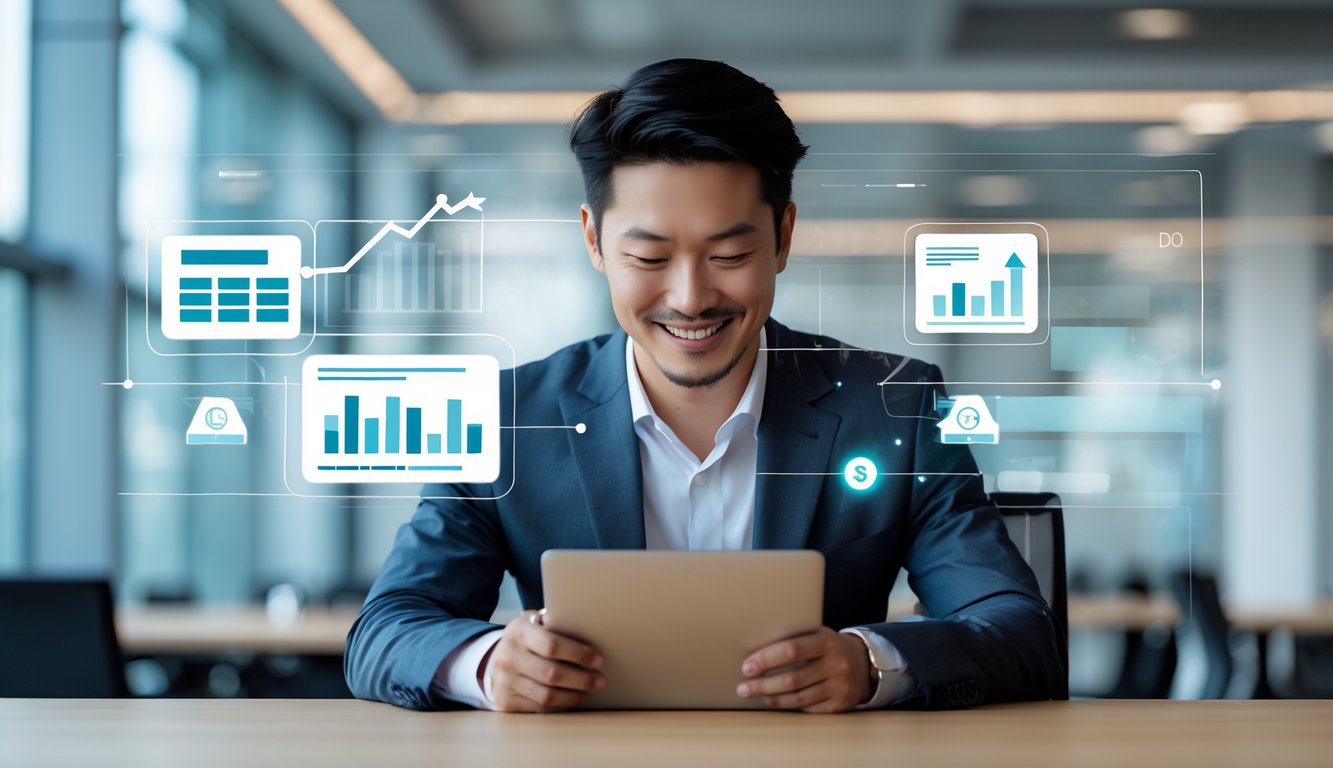 Seorang pria bisnis tersenyum di kantor modern sambil melihat laptop, menunjukkan suasana profesional dan dapat dipercaya.