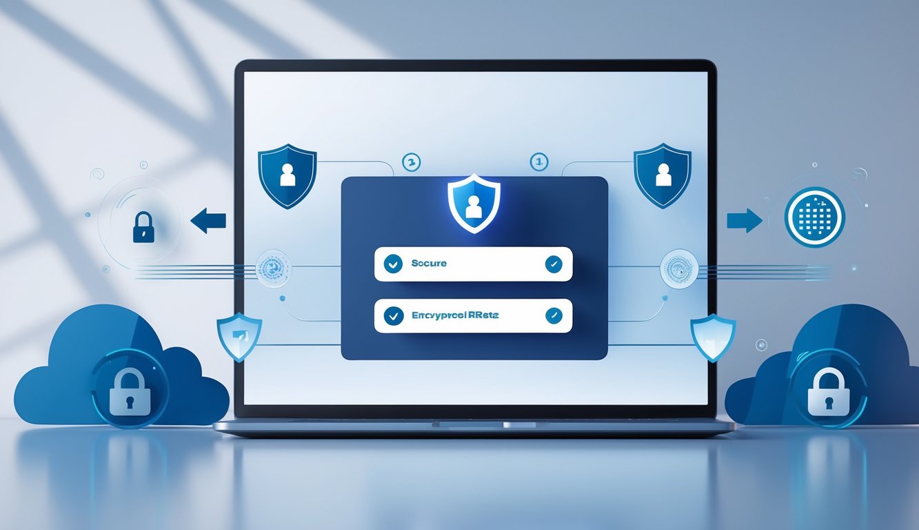 Sebuah perangkat digital modern dengan layar yang menunjukkan konsep keamanan data dan kepercayaan, dikelilingi ikon pelindung dan simbol enkripsi.