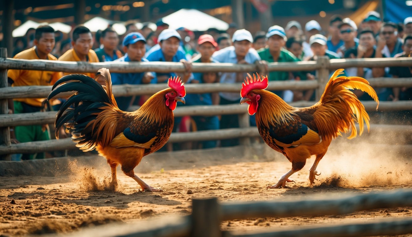 Dua ayam aduan sedang bertarung di arena dengan penonton yang antusias mengelilingi mereka.