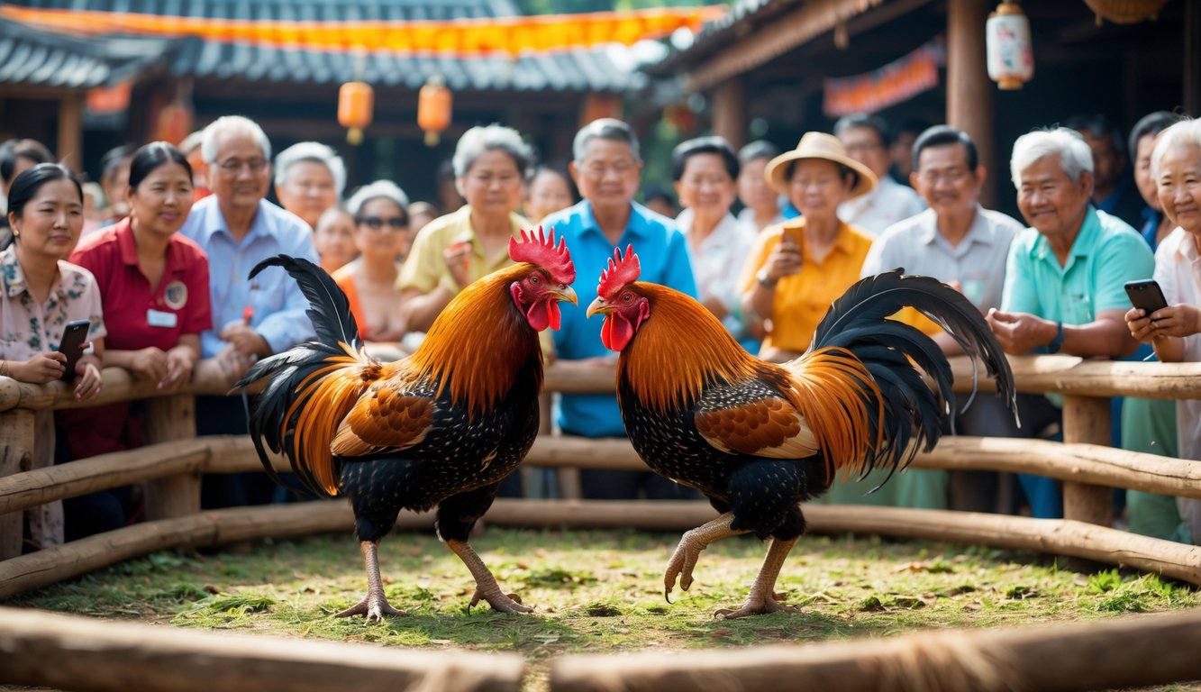 Suasana arena sabung ayam tradisional dengan dua ayam jago bertarung dan penonton yang antusias mengamati pertandingan.