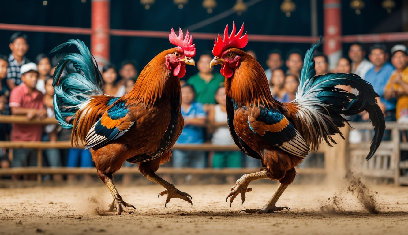 Dua ayam jago sedang bertarung di arena dengan penonton yang antusias mengelilingi mereka.