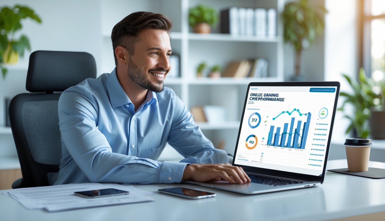 Seorang pebisnis duduk di meja kantor modern dengan laptop yang menampilkan grafik, tersenyum dan tampak percaya diri.