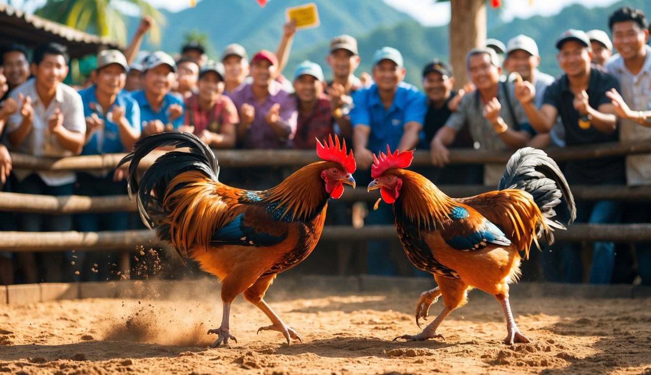 Pertarungan dua ayam jago di arena dengan penonton yang antusias mengelilingi ring.