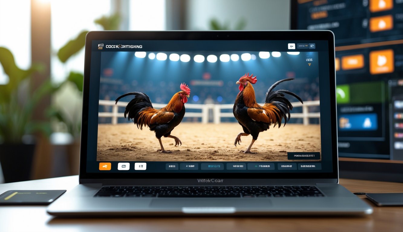 Layar komputer menampilkan pertandingan sabung ayam secara langsung dengan dua ayam bertarung di arena, diiringi elemen antarmuka digital yang menunjukkan platform online.