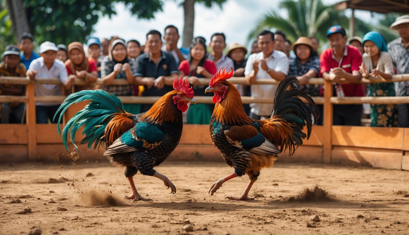 Suasana pertandingan sabung ayam tradisional dengan dua ayam jago bertarung di arena dan penonton yang antusias menyaksikan.