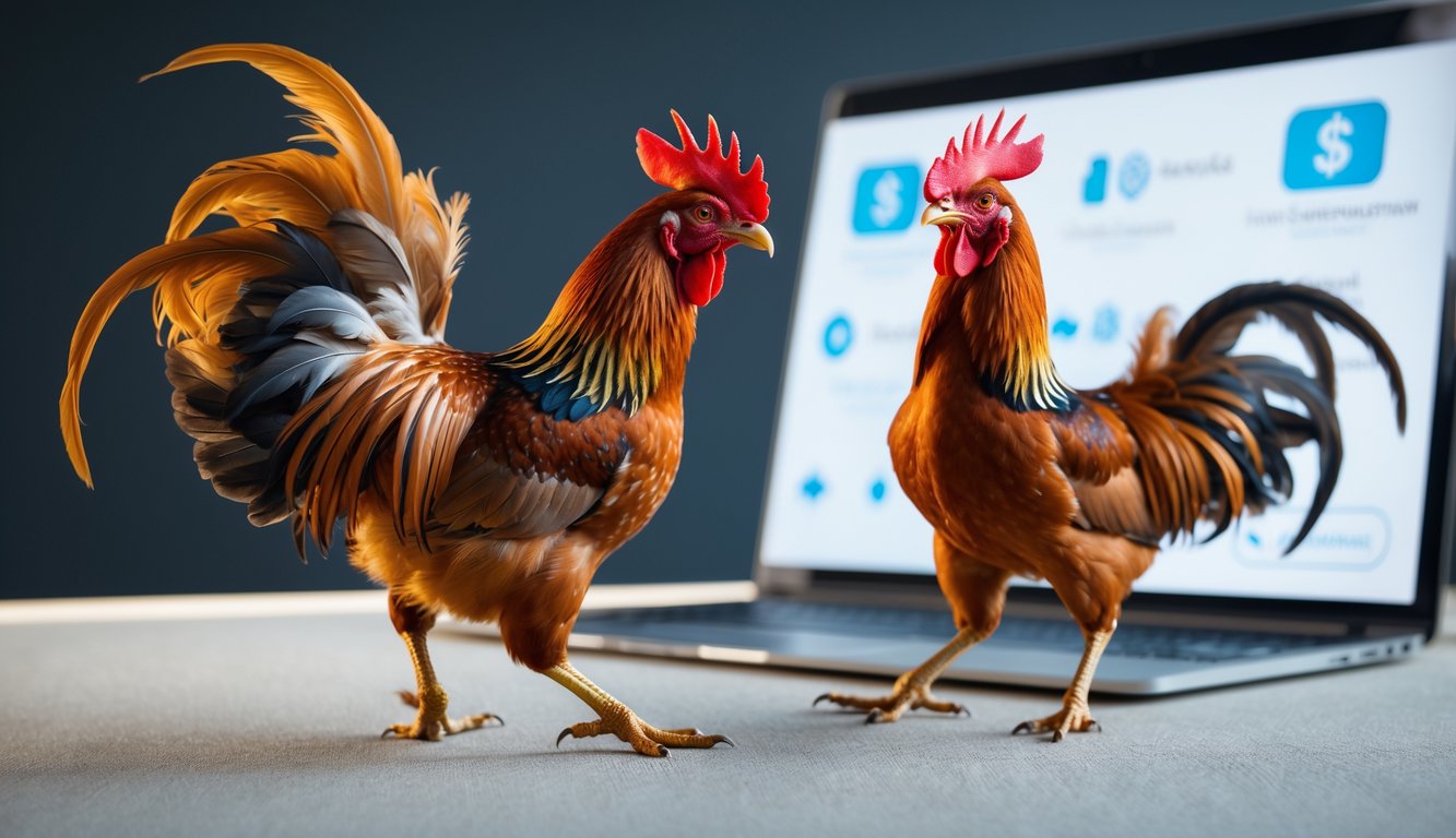 Dua ayam jantan sedang bertarung dengan latar belakang antarmuka digital yang menunjukkan proses deposit dan penarikan uang yang mudah dan terpercaya.