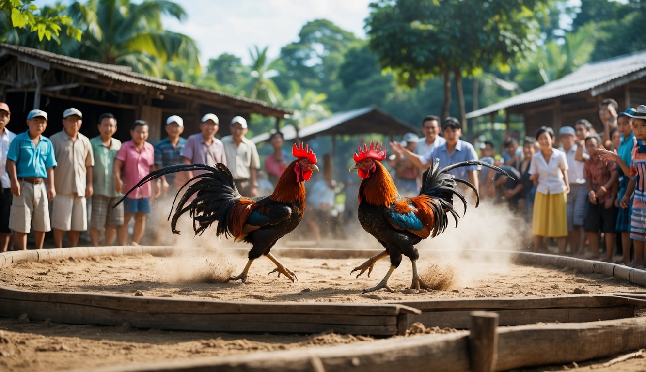 Dua ayam jago bertarung di arena kayu dengan penonton antusias di latar belakang di sebuah desa.