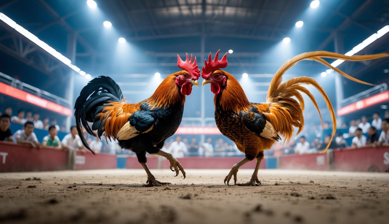 Arena sabung ayam dengan dua ayam jago sedang bertarung dan penonton memperhatikan dengan serius.
