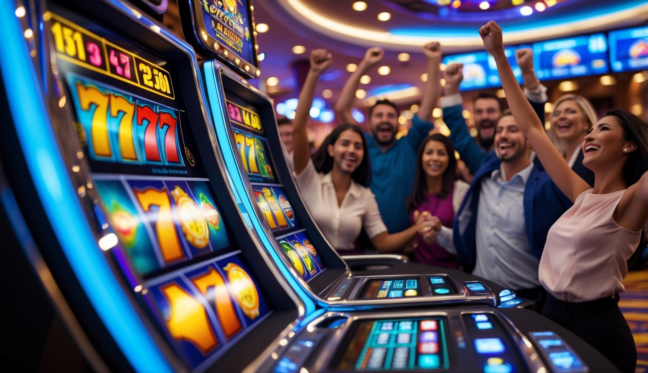 Mesin slot berwarna-warni dengan simbol yang berputar dan pemain yang tersenyum merayakan kemenangan besar di dalam kasino.