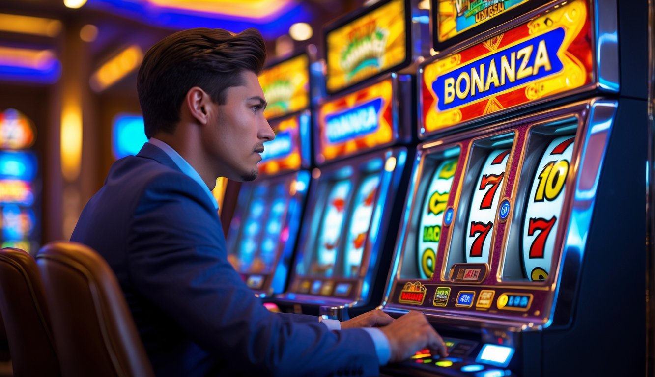 Seorang pemain profesional sedang duduk di depan mesin slot Bonanza di dalam kasino yang mewah.