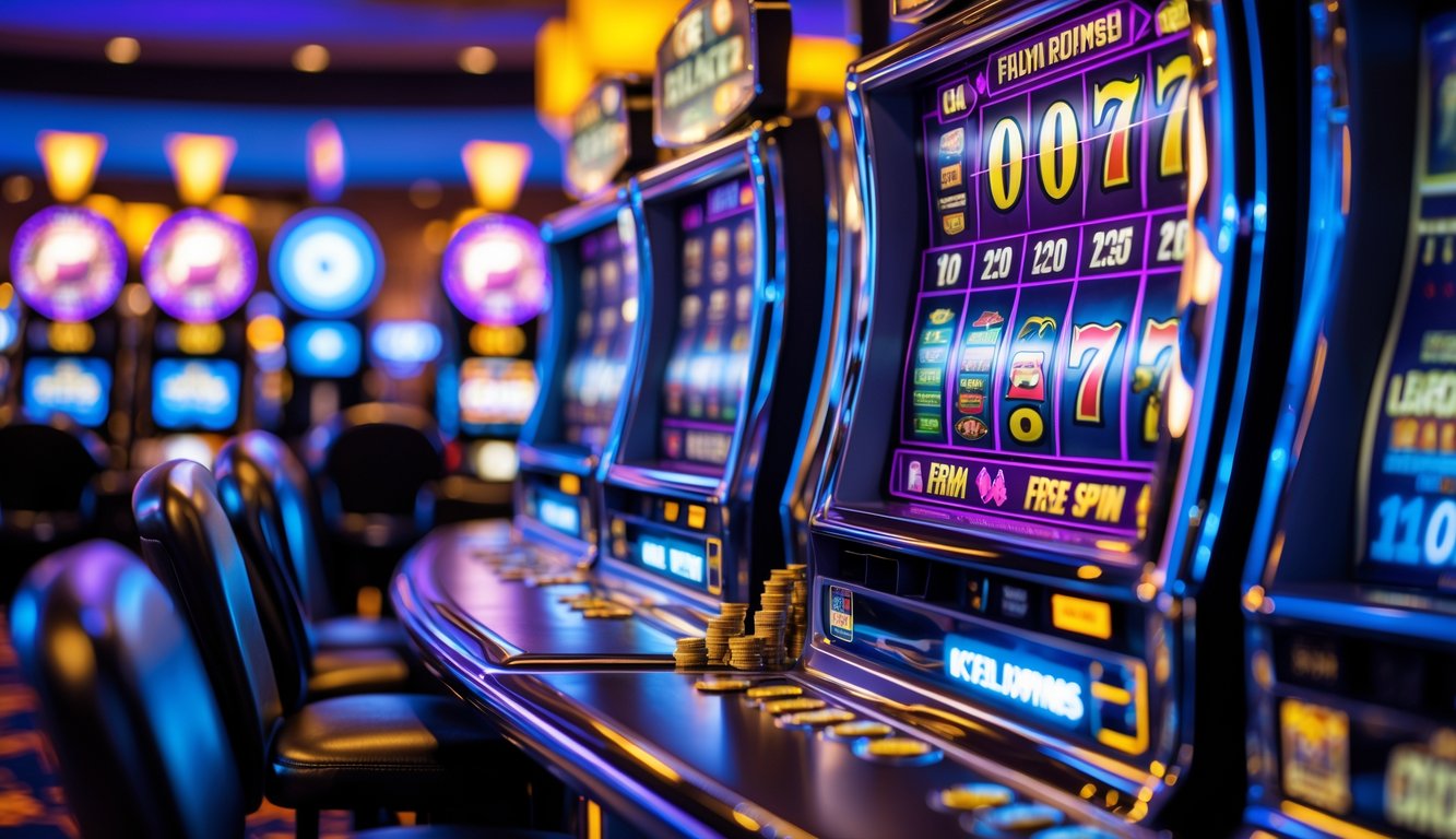 Area mesin slot kasino modern dengan mesin slot yang menyala dan suasana yang ramai.