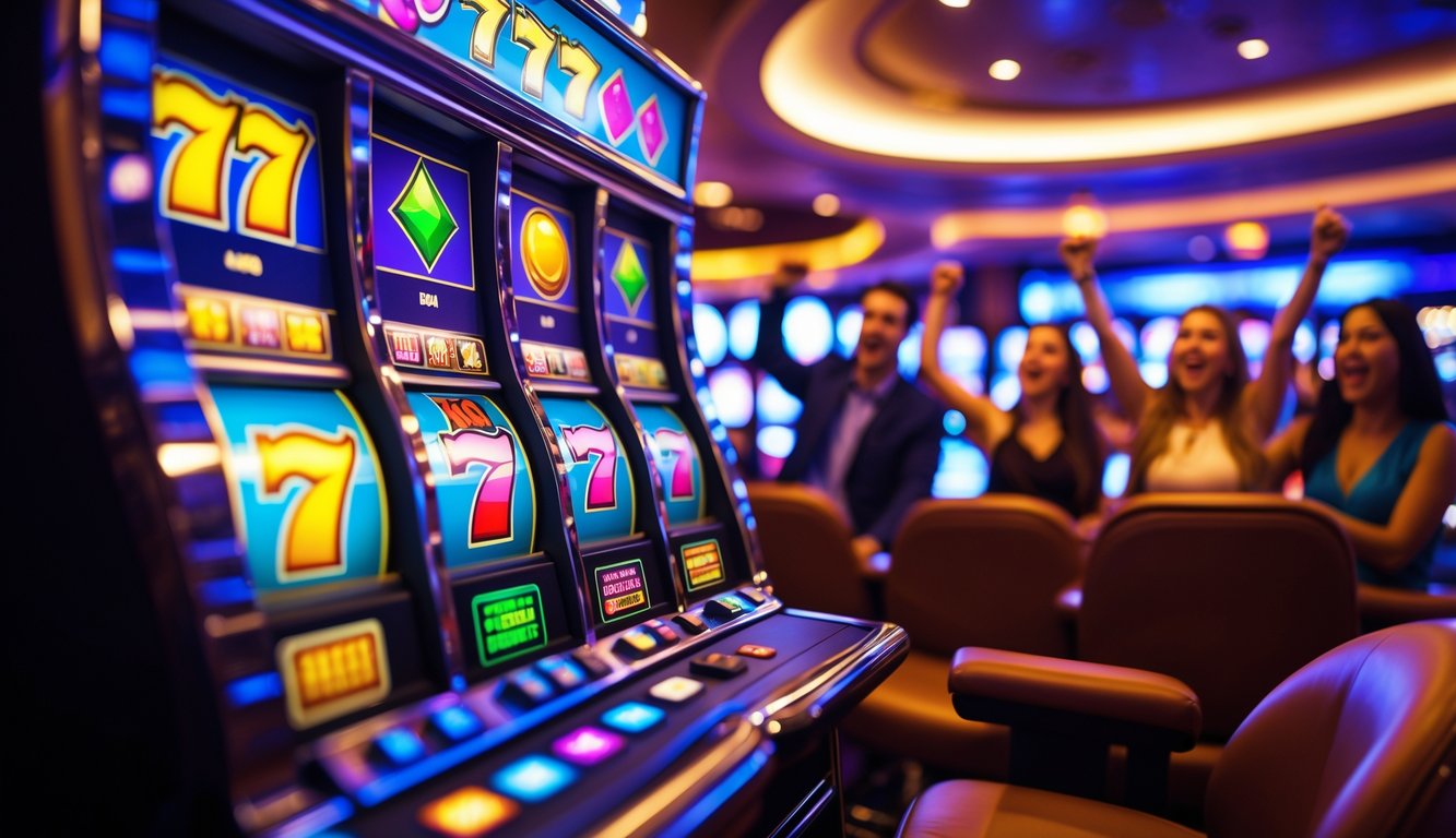 Suasana kasino dengan mesin slot yang berwarna-warni dan pemain yang tampak senang merayakan kemenangan.