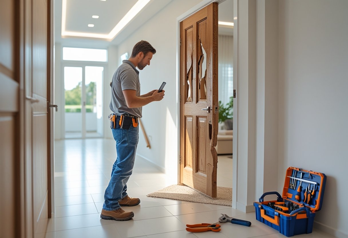 Une personne inspecte une porte cassée dans une maison, avec une boîte à outils ouverte à côté.