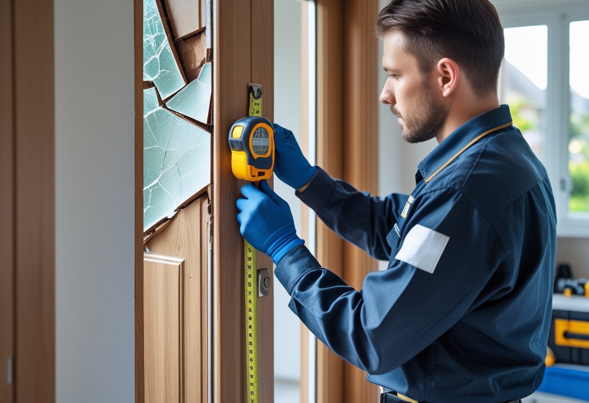 Un technicien examine attentivement une porte en bois cassée à l’intérieur d’une maison, utilisant des outils pour évaluer les dégâts.