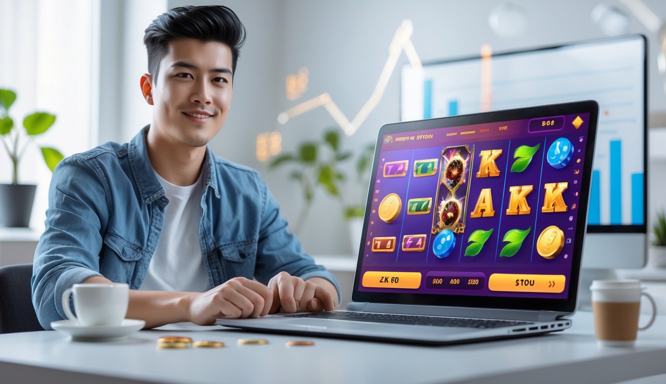 Seorang dewasa muda duduk di meja dengan laptop terbuka menampilkan permainan slot online, di ruang kerja rumah yang terang dan rapi.