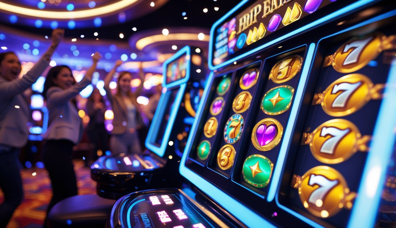 Orang-orang sedang bermain mesin slot yang berwarna-warni di dalam kasino dengan suasana meriah dan penuh kegembiraan.