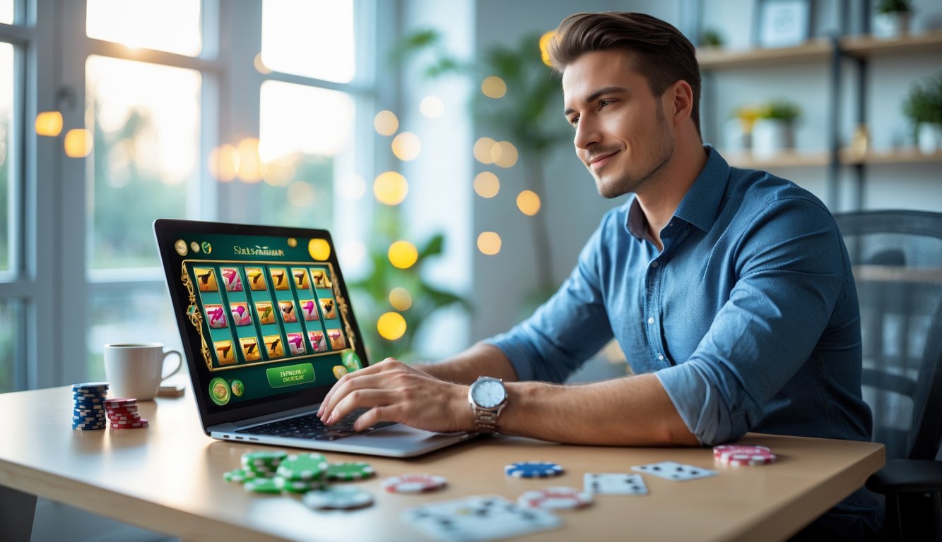 Seseorang duduk di depan laptop dengan gambar mesin slot di layar, di ruang kerja yang terang dan rapi.