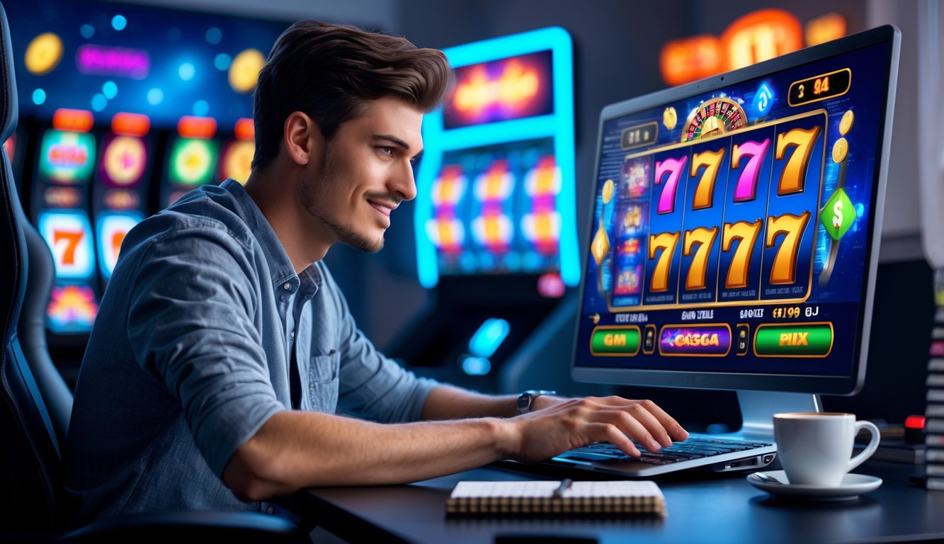Seorang pria muda duduk di depan laptop dengan tampilan permainan slot, terlihat fokus dan percaya diri di meja gaming modern.