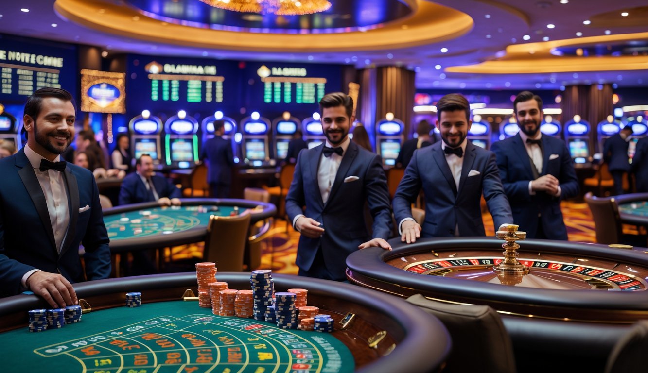 Orang-orang bermain di kasino langsung dengan meja permainan dan dealer profesional dalam suasana yang ramai dan mewah.
