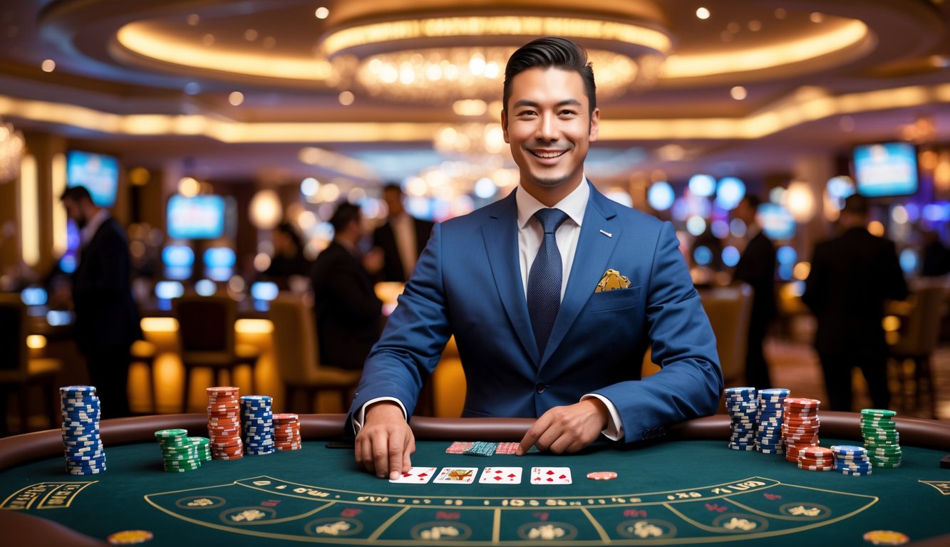 Seorang dealer profesional tersenyum di meja kasino dengan kartu dan chip, di latar belakang suasana kasino yang ramai dan elegan.