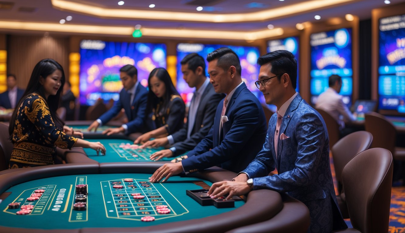 Suasana kasino langsung dengan pemain yang sedang bermain di meja permainan, menampilkan lingkungan yang modern dan nyaman.