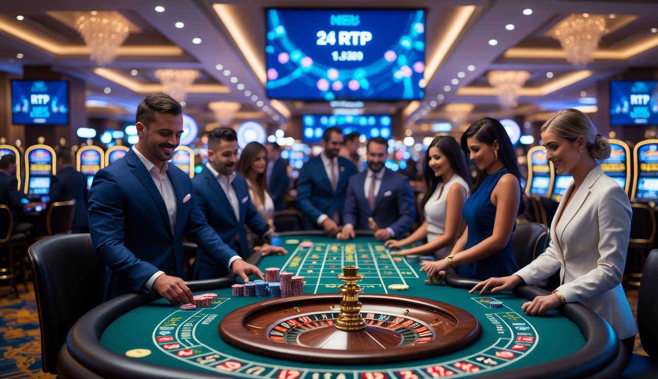 Suasana kasino langsung yang ramai dengan orang-orang bermain berbagai permainan kasino di meja dan mesin slot.