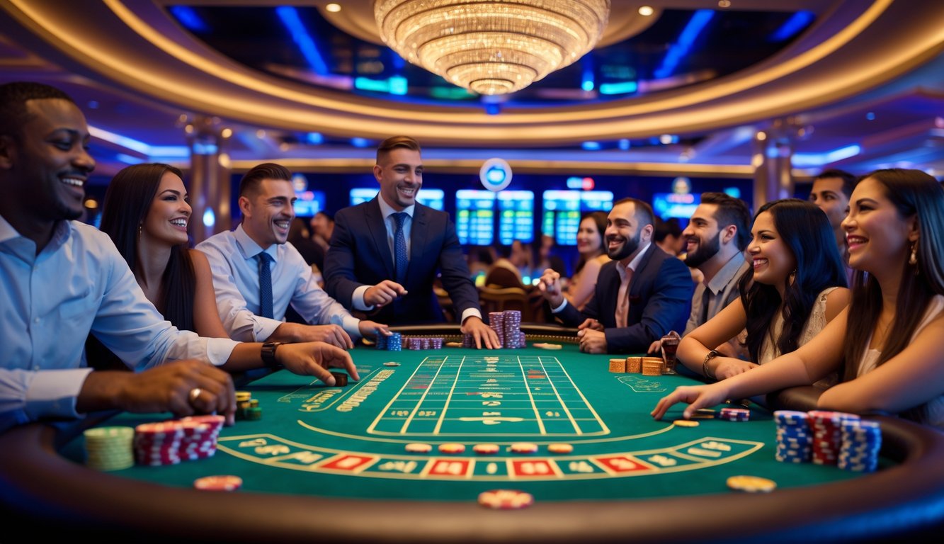 Suasana kasino langsung dengan pemain yang antusias bermain di meja permainan kartu dan roulette.