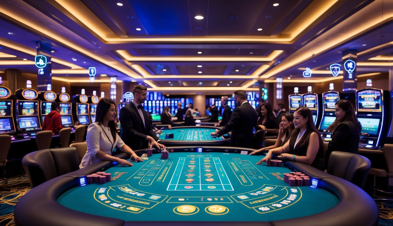 Suasana kasino langsung dengan meja permainan elektronik dan pemain serta dealer yang sedang bermain, menunjukkan lingkungan yang aman dan terpercaya.